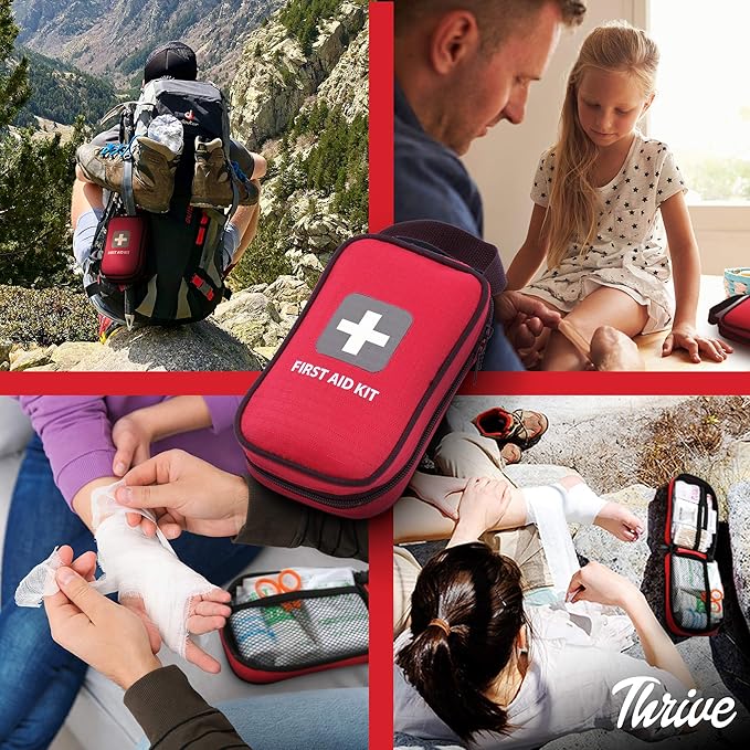 Thrive Travel Essentials Small First Aid Kit - 100 FSA HSA Approved Products Includes Multi-Sized Bandage, Wipes, Safety Pins, and More (Shell)