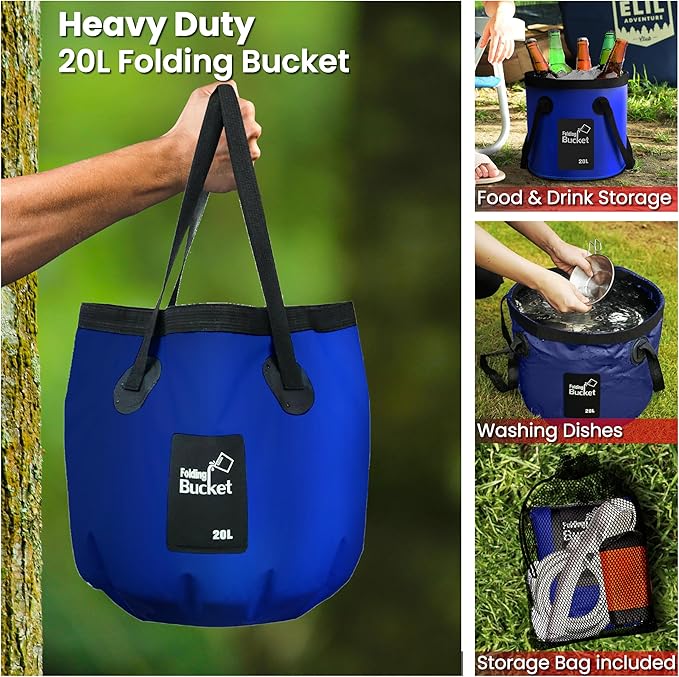 Elil Portable Camping Shower Pump with 3 Gallon Collapsible Bucket - Rechargeable Battery Camp Shower Electric Shower, Portable Shower for Camping Shower Tents (Shower Pump + 5 Gal Bucket)