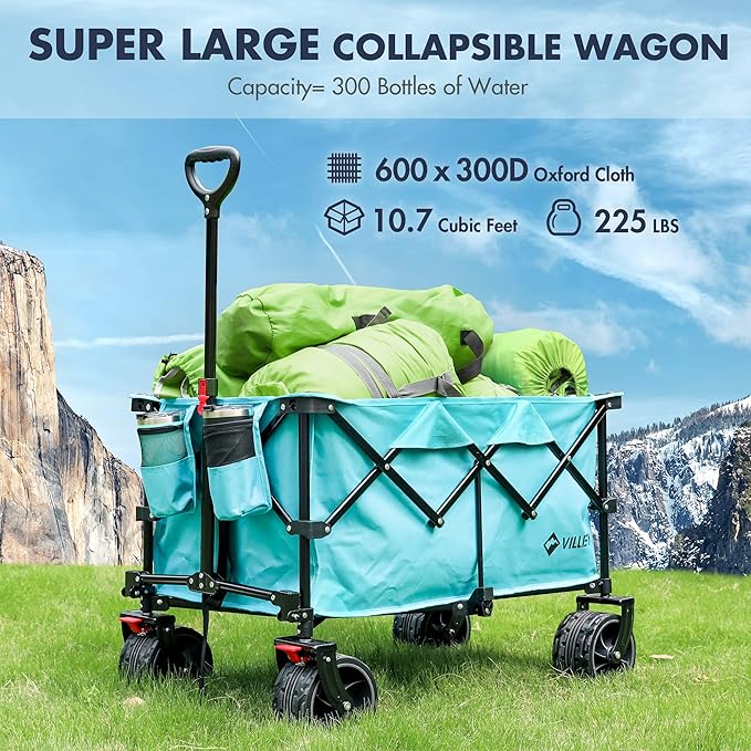 VILLEY Collapsible Folding Wagon with Big Wheels, All Terrain Beach Wagon Cart Heavy Duty Foldable, Enlarged 225lbs Capacity, Portable Utility Garden Cart with 2 Cup Holders and Brake, Blue