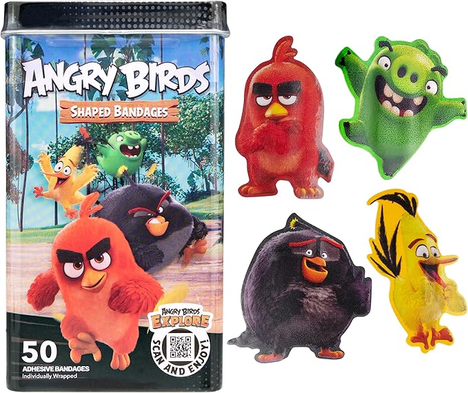 BioSwiss Bandages, Angry Birds Movie Shaped Self Adhesive Bandage, Latex Free Sterile Wound Care, Fun First Aid Kit Supplies for Kids and Adults, 50 Count