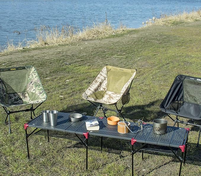 iClimb Extendable Folding Table Large Tabletop Area Ultralight Compact with Hollow Out Tabletop for Camping Backpacking Beach Concert BBQ Party, Three Size (Black - XL + Hanger)