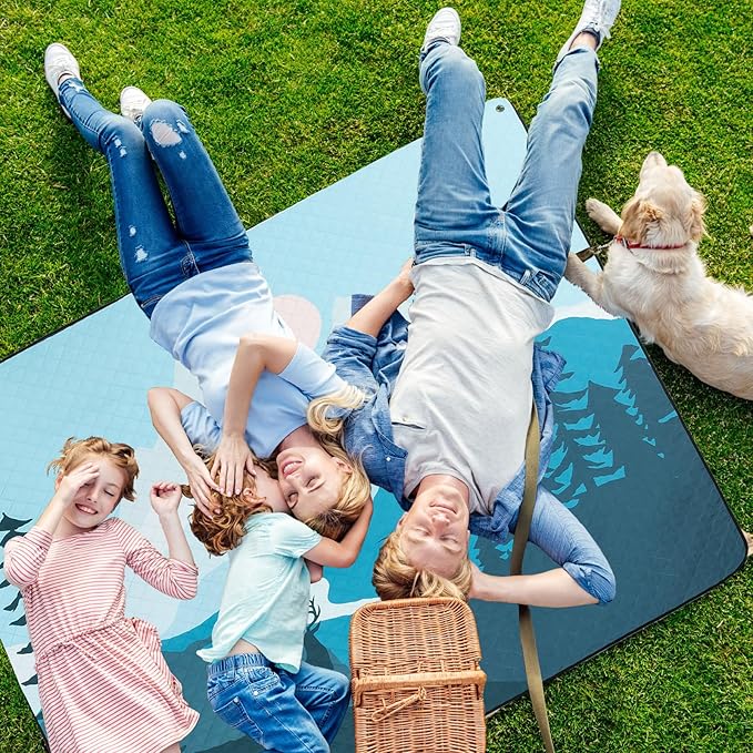 PY SUPER MODE Extra Large Waterproof Picnic Blankets 83x79 Inches - 5 Layer Outdoor Picnic Mat for Beach Camping Park Lawn, Windproof Anchor System with Stakes, Foldable Blue&Brown