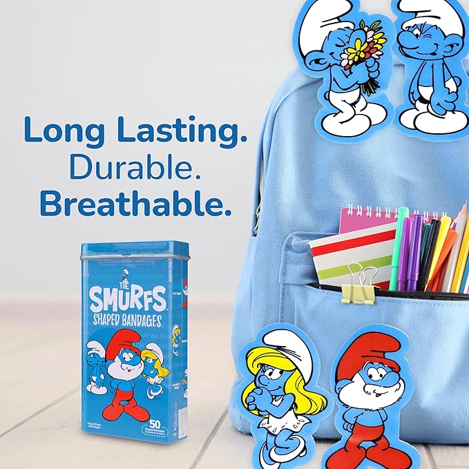 BioSwiss Bandages, The Smurfs Shaped Self Adhesive Bandage, Latex Free Sterile Wound Care, Fun First Aid Kit Supplies for Kids and Adults, 50 Count