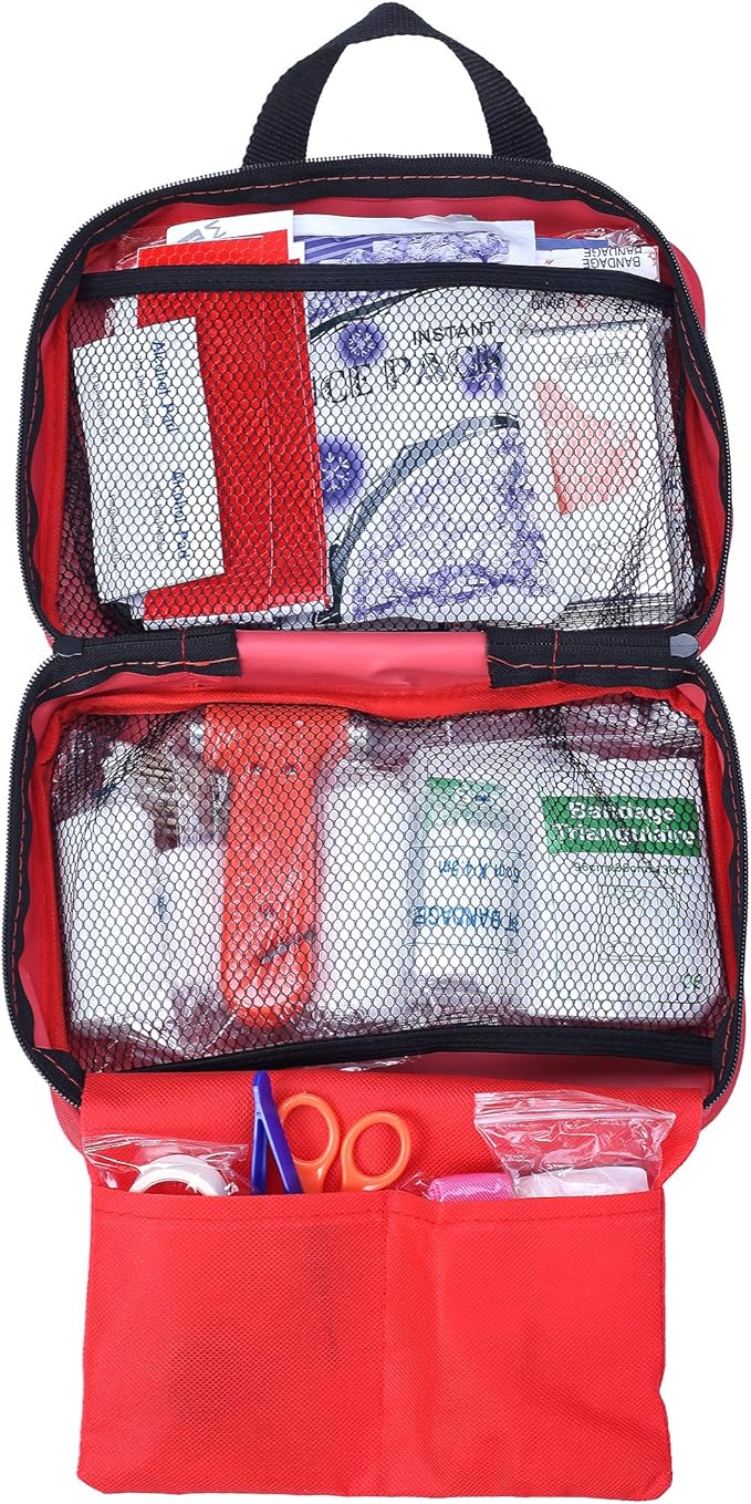 First Aid Kit - 230 Piece - for Car, Home, Travel, Camping, Office or Sports | Red Bag/Reflective Cross, Fully Stocked with Essential Supplies for Emergency and Survival