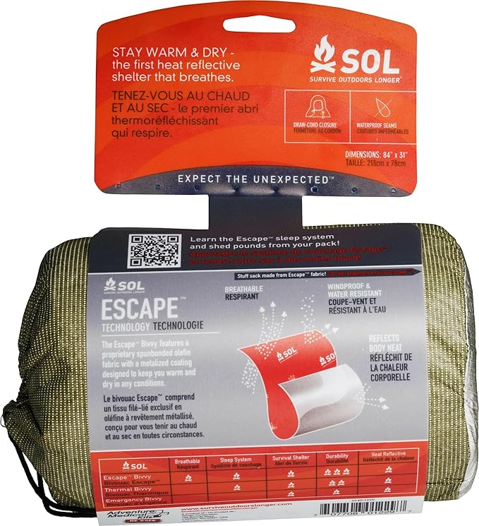 SOL Escape Bivvy with Hood - Emergency Preparedness Blanket - Reflects Up to 70% Body Heat - Outdoor Survival Bivvy - Water Resistant - Durable & Breathable - Winter Camping Supplies - Green