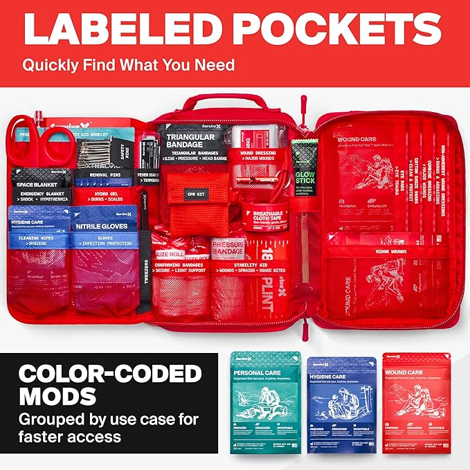 Large First Aid Kit for Car, Travel & Home - Emergency Kit for Hiking, Camping, Backpacking and Outdoors - Includes Zip Stitch Wound Closure Strips - FSA HSA Approved