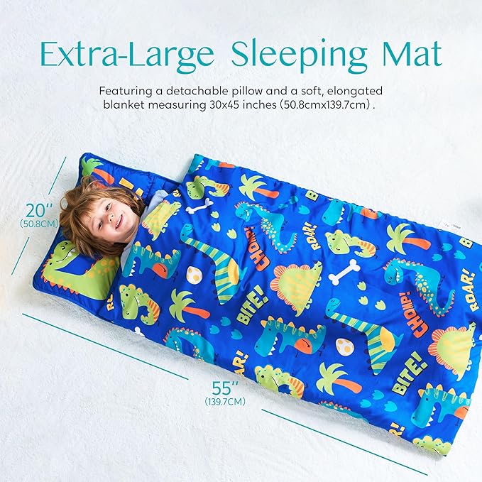 JOIEDOMI Toddler Nap Mat for Preschool 55''x30'' Sleeping Mat with Removable Pillow and Minky Blanket for Kids Ages 3-7 Roll Up Soft Kids Sleeping Bag for Boys Girls Kindergarten Daycare Sleepover