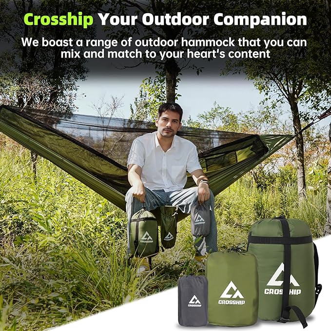 Camping Hammock with Mosquito Net, 2 Person Hammock Tent, Portable, Parachute Nylon for Indoor, Outdoor, Hiking, Backpacking, Backyard, Beach, Travel (Hold Up to 500lbs)