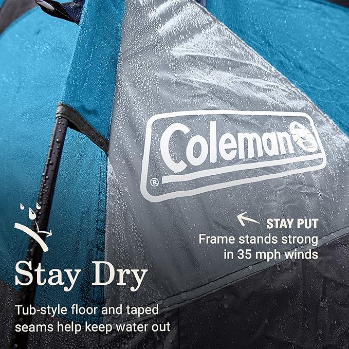 Coleman Camp Burst 4-Person Camping Tent, Umbrella-Style Pop-Up Tent with 45s Easy Setup, Dark Room Option Available, Tub Floor and Taped Seams Keep You Dry, 360° Views