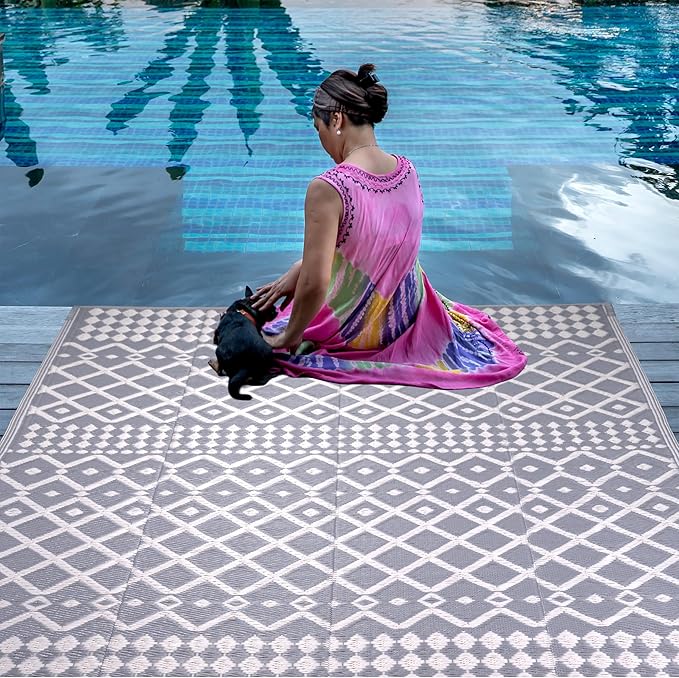 RURALITY Outdoor Rugs 5x8 Waterproof for Patios Clearance,Plastic Straw Mats for Backyard,Porch,Deck,Balcony,Reversible,Bohemia