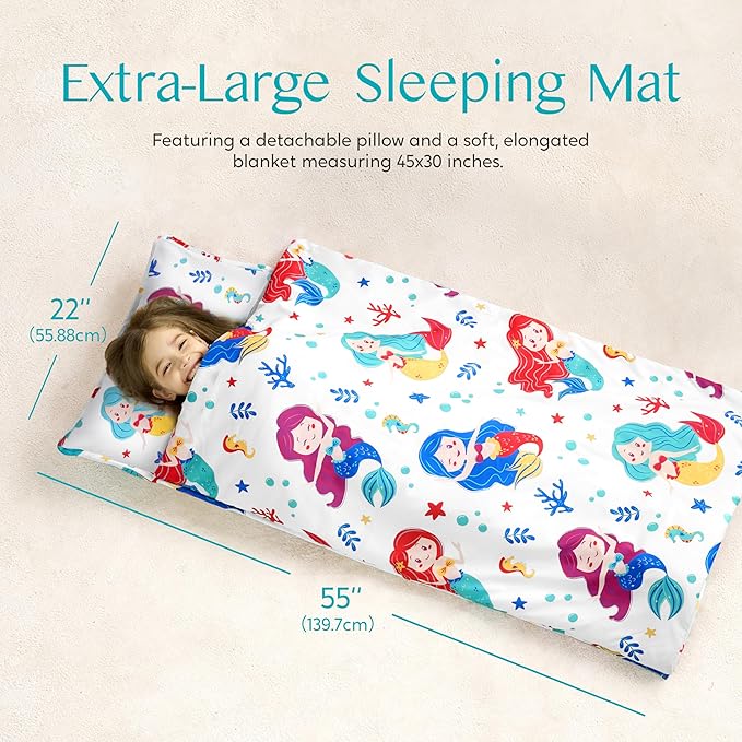 JOIEDOMI Toddler Nap Mat for Preschool 55''x30'' Sleeping Mat with Removable Pillow and Minky Blanket for Kids Ages 3-7 Roll Up Soft Kids Sleeping Bag for Boys Girls Kindergarten Daycare Sleepover