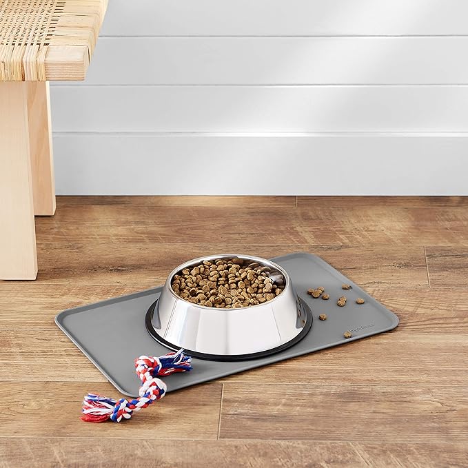 Amazon Basics Waterproof Anti-Slip Silicone Cat & Dog Food Mat, Pet Mats with Raised Edges for Food and Water Bowl to Protect Floors, 18.5 x 11.5 Inches, Gray, Solid