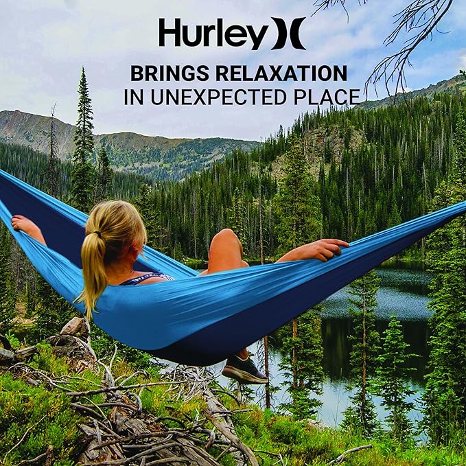 Hurley Duo Camping Hammock - 1 Person Portable Hammock for Camping, Heavy Duty with Parachute Nylon Fabric - Camping Accessories & Gear for Outdoor Activities - Holds Up to 400lbs, Nav Blu/Lake BL
