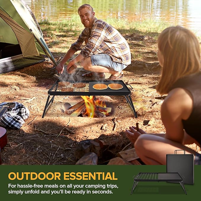 Carbon Steel Foldable Campfire Grill – Portable Grill Grate & Griddle with Large Non-Stick Surface, Sturdy Fold-Out Legs, Compact for Storage, Use Over Fire Pit