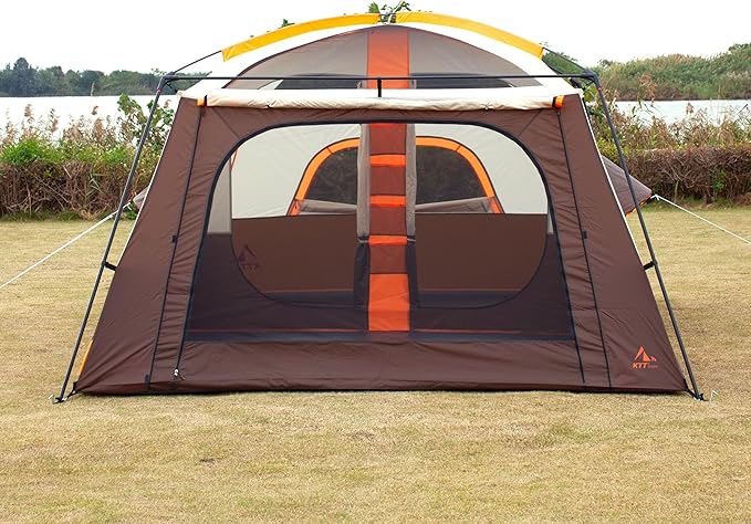 KTT Extra Large Tent 12 Person,2 Bay-Windows,Family Cabin Tents,14'Lx10'Wx6.58'H,2 Rooms and 3 Doors 3 Windows with Mesh,Waterproof,Straight Wall,Big Tent for Outdoor,Picnic,Camping,Gathering