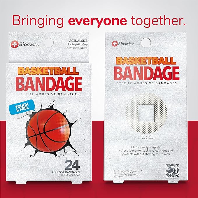 BioSwiss Bandages, Basketball Shaped Self Adhesive Bandage, Latex Free Sterile Wound Care, Fun First Aid Kit Supplies for Kids, 24 Count