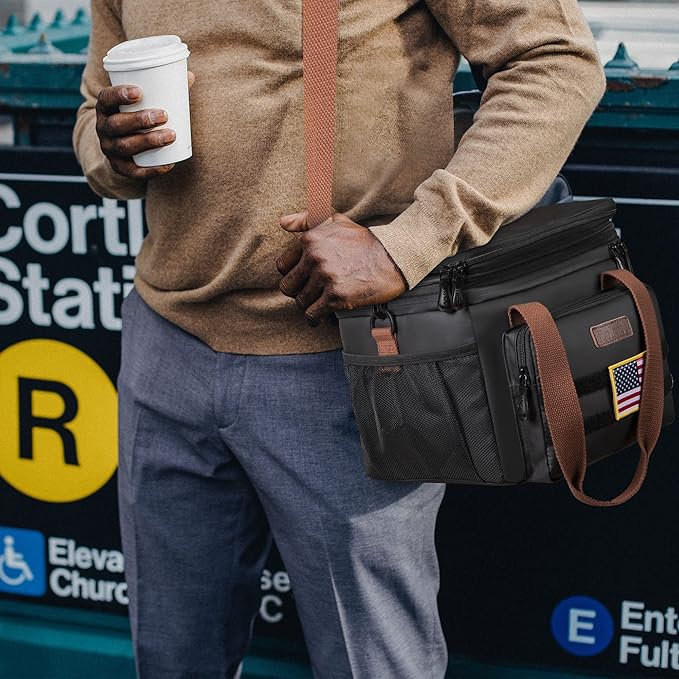 Tactical Lunch Box for Men- Large Insulated Lunch Bag-Expandable Adult Lunch Box with Adjustable Shoulder Strap-Large Lunch Tote Bag for Work Camping Fishing (Black-Leather)