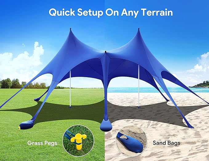 Osoeri Beach Tent, 20 x 13ft Camping Sun Shelter UPF50+ with 8 Sandbags, Sand Shovels, Ground Pegs & Stability Poles, Shade Canopy for Trips, Fishing, Backyard Fun or Picnics, Blue