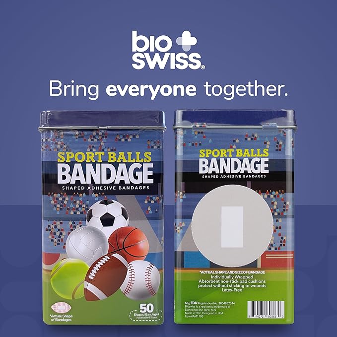 BioSwiss Bandages, Sports Balls Shaped Self Adhesive Bandage, Latex Free Sterile Wound Care, Fun First Aid Kit Supplies for Kids and Adults, 50 Count