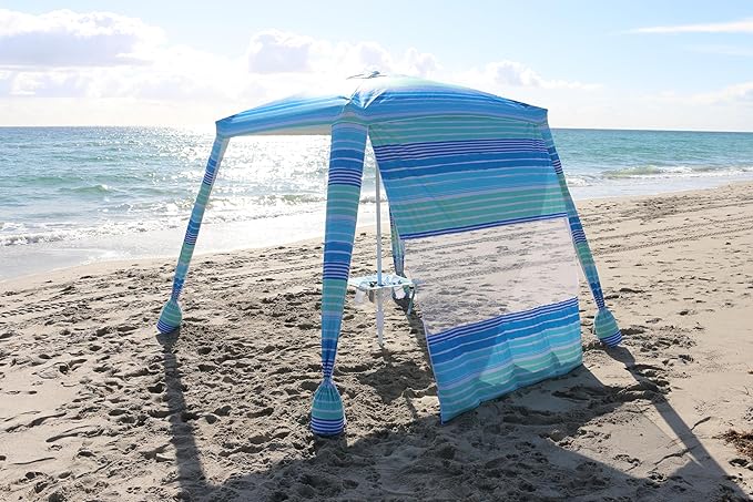 6x6 Easy Up Cabana - Sun Shelter with Privacy Wall, Canopy Includes Umbrella Table Tray, Towel Hanger, and Sand Anchor Shade (Beach Stripes)