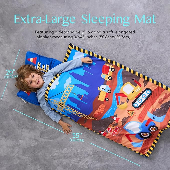 JOIEDOMI Toddler Nap Mat for Preschool 55''x30'' Sleeping Mat with Removable Pillow and Minky Blanket for Kids Ages 3-7 Roll Up Soft Kids Sleeping Bag for Boys Girls Kindergarten Daycare Sleepover