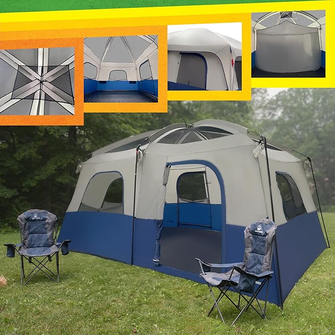10 Person Camping Tent - Large Outdoor Tent with Room Divider and Rainfly - Family Camping House with 2 Doors and 4 Screen Windows by Wakeman Outdoors (Navy)