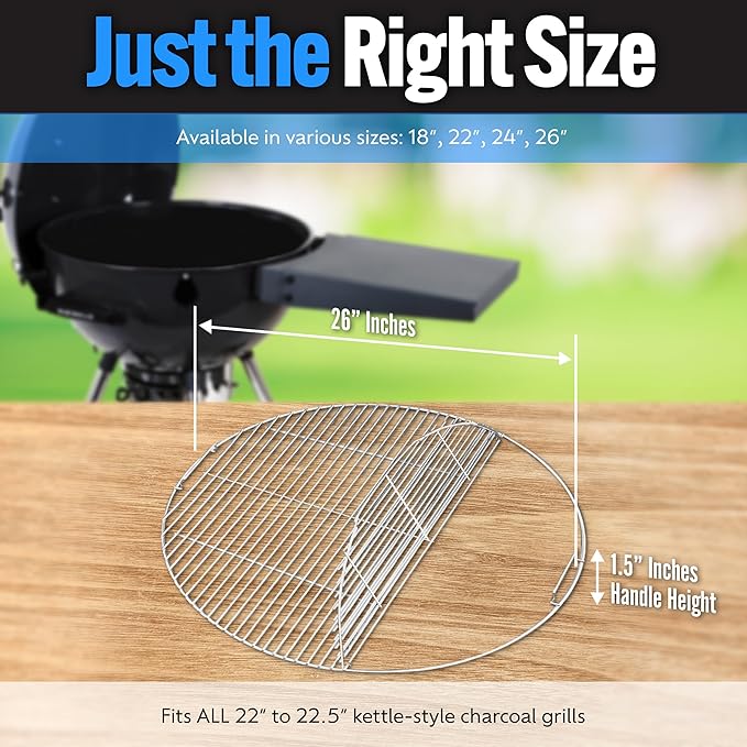 SnS Grills Slow ‘N Sear EasySpin Charcoal Grill Cooking Grate - Compatible with Weber and Other Grills, 2-Zone Stainless Steel Hinged Replacement - Tailgating & Backyard Cooking - 26” Inches