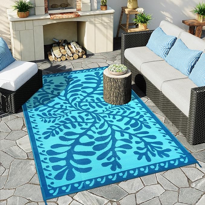 Anidaroel Outdoor Area Rug for Patio Clearance 6x9 Waterproof, Reversible Plastic Straw Rug Outside Rug, RV Mat for Camping, Porch, Balcony, Pool Deck, Backyard (Blue,6’x9’)