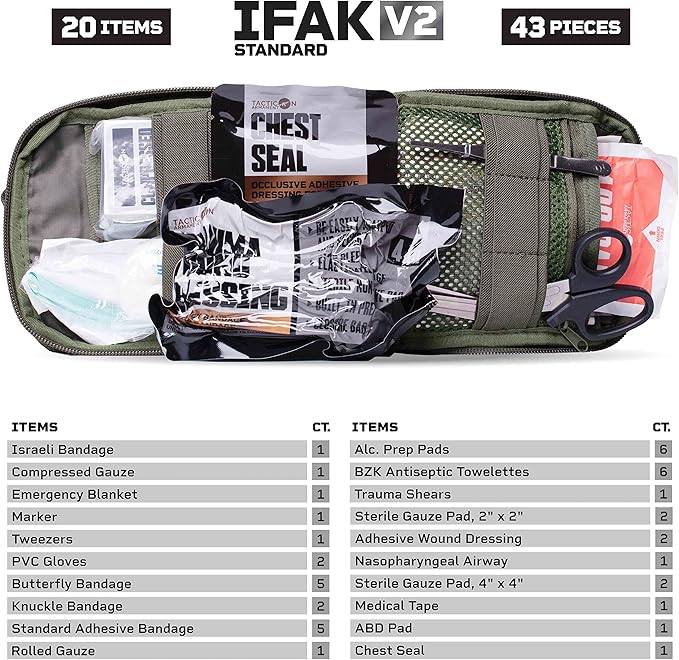 TACTICON V2 Standard IFAK Trauma First Aid Kit | EMT Survival Med Kit | Chest Seal | Israeli Bandage | Bandages | Belt or MOLLE Attach | Tactical Emergency Medical Pouch