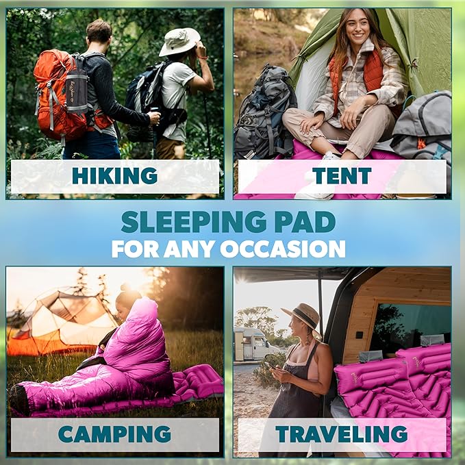 Sleeping Pad with Pillow, Self Inflating Extra-Thick, Ultralight Sleeping Mat, Built-in Pump, Ultimate for Camping, Hiking, Traveling, Airpad, Carry Bag, Compact & Lightweight Air Mattress (Purple)