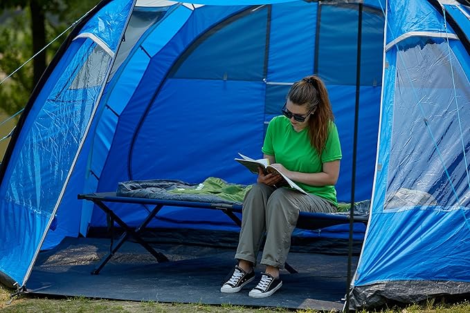 PORTAL Folding Portable Camping Cot, Guest Bed with Carry Bag and Side Storage Organizer, Camping Cots for Adults Sleeping, Away Tent Sleeping Cot Bed, Supports 300 LBS, Blue