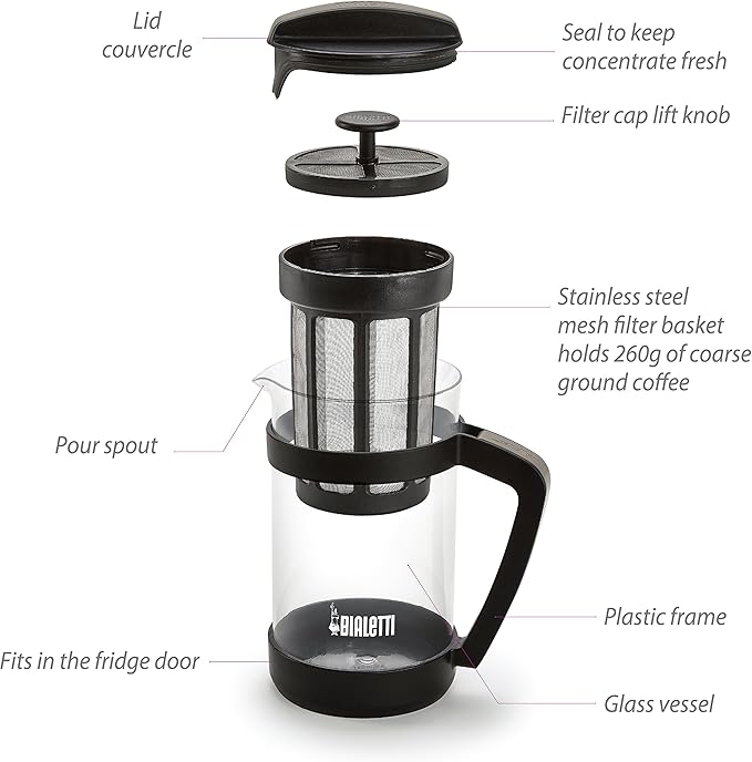 Bialetti Cold Brew Coffee Maker 06765 – Glass Carafe & Stainless Steel Mesh Filter – Compact, Portable Cold Brew Iced Coffee Maker & Tea Infuser – Best For Coarse, Ground Coffee, 24oz