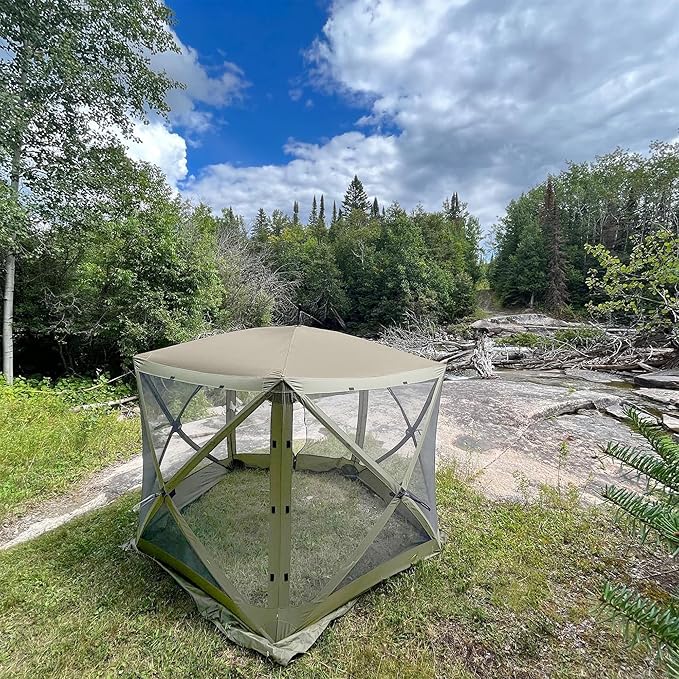 CLAM Quick Set Venture 9x9 Ft Portable Outdoor Camping Canopy Shelter, Green/Tan + Clam Quick Set Screen Hub Tent Wind & Sun Panels, Green (2 Pack)