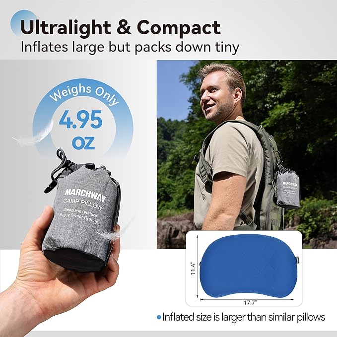 MARCHWAY Ultralight Inflatable Camping Pillow with Soft Washable Cover, Compact Compressible Portable Travel Air Pillow for Outdoor Camp, Sport, Hiking, Backpacking Sleep (Blue)