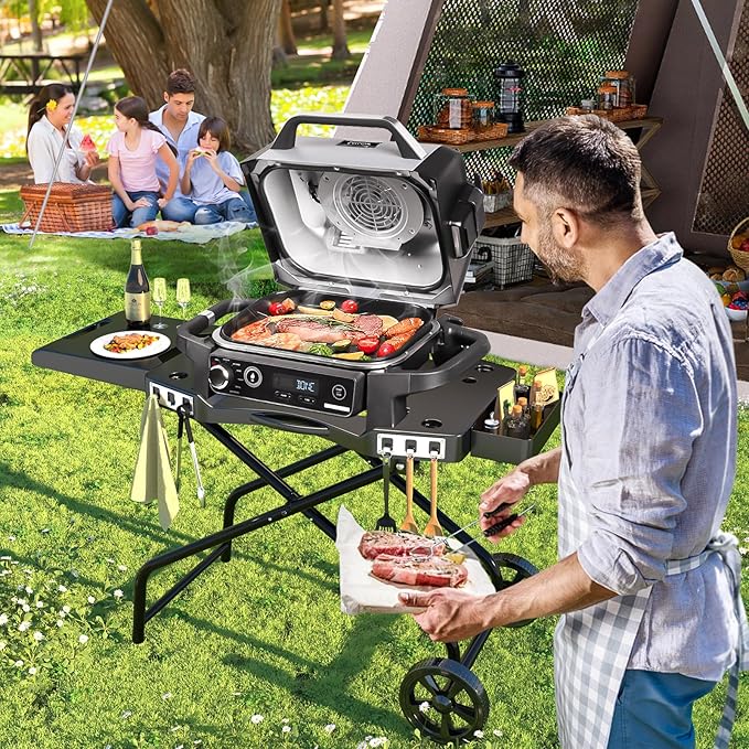 GRISUN Foldable Grill Cart for Ninja OG700–OG750 & Blackstone 22" | Portable BBQ Stand with Wheels, Side Table & Storage Basket
