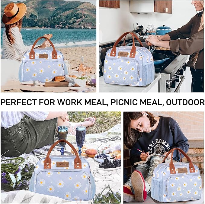 Buringer HOMESPON Lunch Bag for Woman Man Adults with Front Pocket Insulated Lunch Tote Lunch Box Container for Work Picnic or Travel(Blue Daisy)