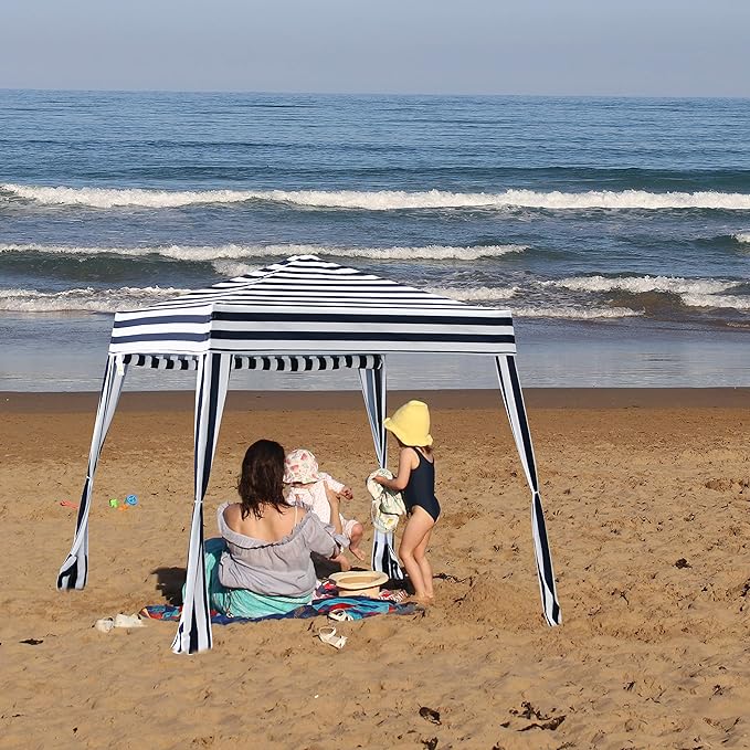 EzyFast Compact Pop Up Canopy Tent, Collapsible Instant Shelter,Portable Sports Cabana, with Built-in Weight Bags, 8 x 8 ft Base / 6 x 6 ft Top for Camping,Hiking,Fishing,Picnic (Classical Stripe)