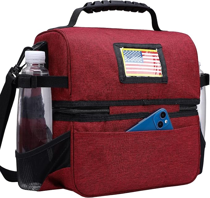 MIER Dual Compartment Lunch Bag Tote with Shoulder Strap for Men and Women Insulated Leakproof Cooler Bag, Dark Red