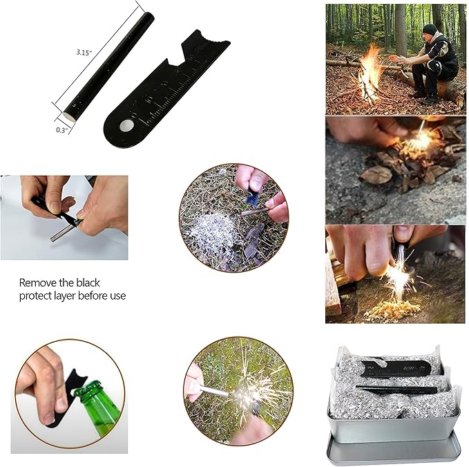 Fire Starter 6 Bag Magnesium Survival Gear First Aid Kit and Emergency Blanket Multi Purpose Tool Saw Ferro Rod Strike Wax Rope for Camping Hiking Hunting Earthquake, Outdoor Adventure, Gifts