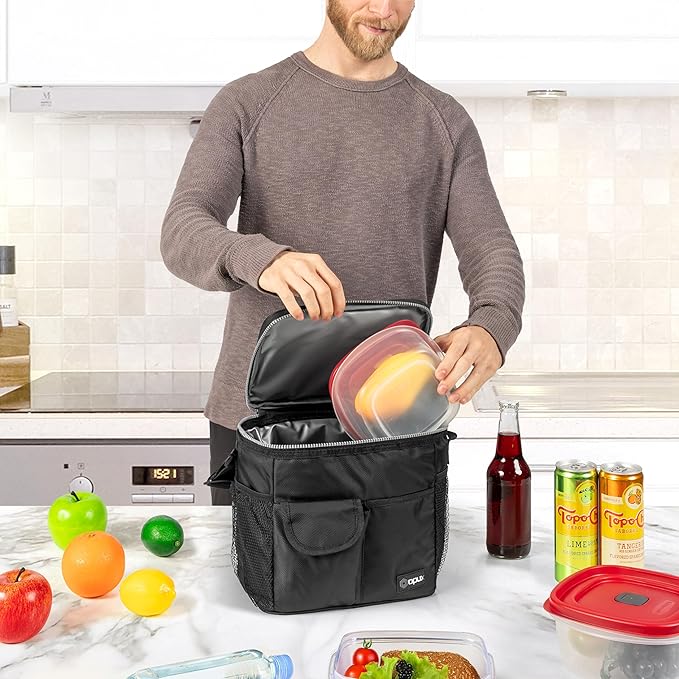 opux Insulated Lunch Bag for Men Women, Leakproof Black Lunch Box for Work, Portable Soft Lunch Cooler Bag with Shoulder Strap, Adult Lunchbox Lunch Pail for Kid Boy Girl School, 18 Can/10L