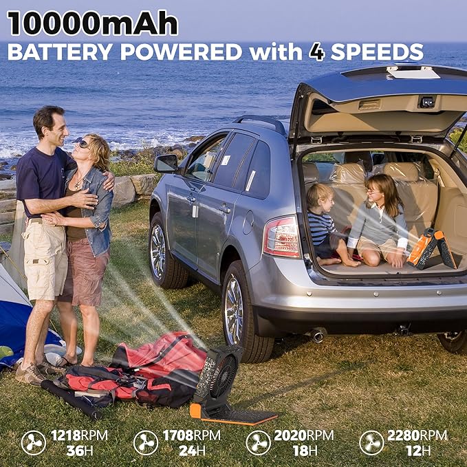MORECORE 10000mAh 11inch Solar Camping Fan with Dual Charging, 4 Speeds & 3 Light Levels, 36H Run Time, Timer & 90° Adjustable, Portable Quiet Desk Fan for Hiking, Hurricane, Outages, Fishing-Orange