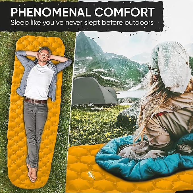 WELLAX Ultralight Air Sleeping Pad - Inflatable Sleeping Mat, Ultimate Airpad for Backpacking, Traveling, Camping and Hiking - Repair Kit, Carry Bag, Compact Air Mattress