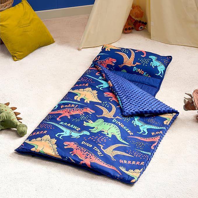 JOIEDOMI Toddler Nap Mat for Preschool 55''x30'' Sleeping Mat with Removable Pillow and Minky Blanket for Kids Ages 3-7 Roll Up Soft Kids Sleeping Bag for Boys Girls Kindergarten Daycare Sleepover