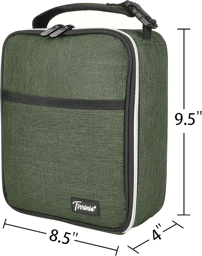 Tirrinia Small Insulated Lunch Bag for Men Women, Green, 8.5in x 4in x 9.5in, Keeps Food Cold Fresh for Hours