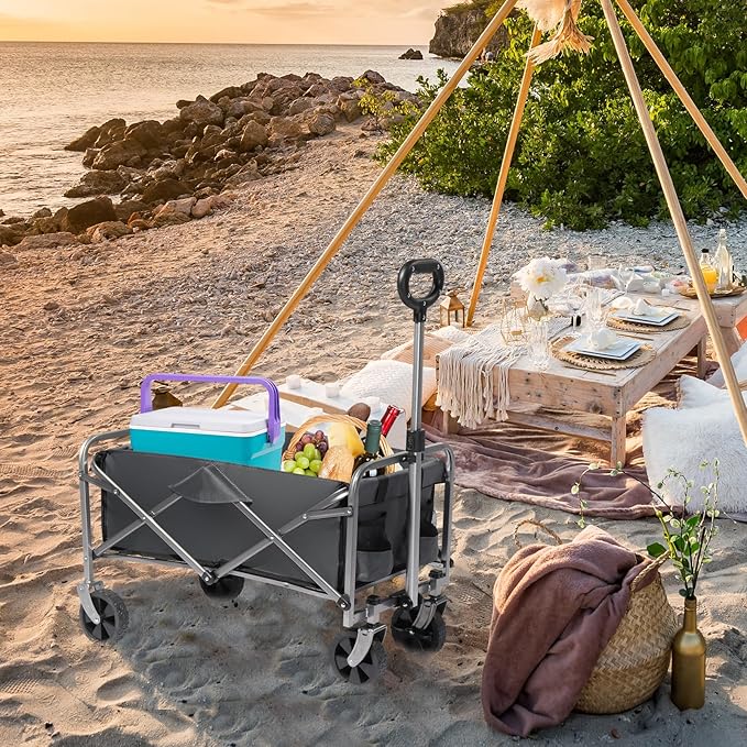 Collapsible Beach Wagon with Big All-Terrain Wheels for Sand, Grocery Shopping, Park Picnic, Camping, Beach Trip
