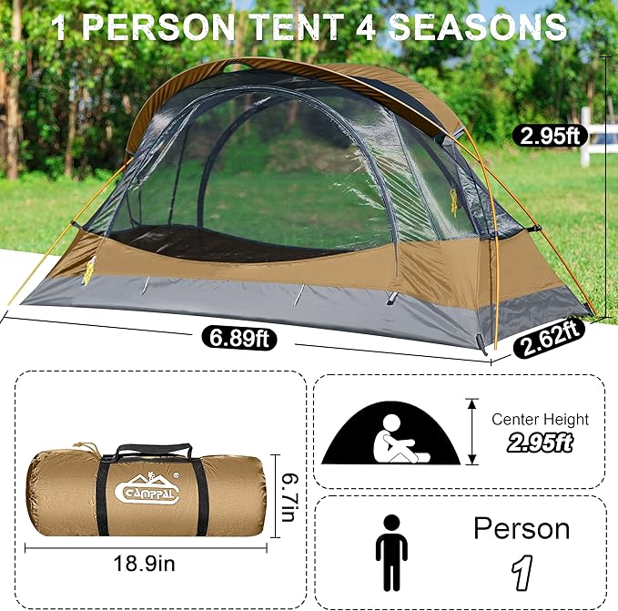 1 Person Backpacking Tent, Waterproof 4 Season Tent, Lightweight Cold Weather Tent Easy Setup for Winter Hiking, Camping, Hunting