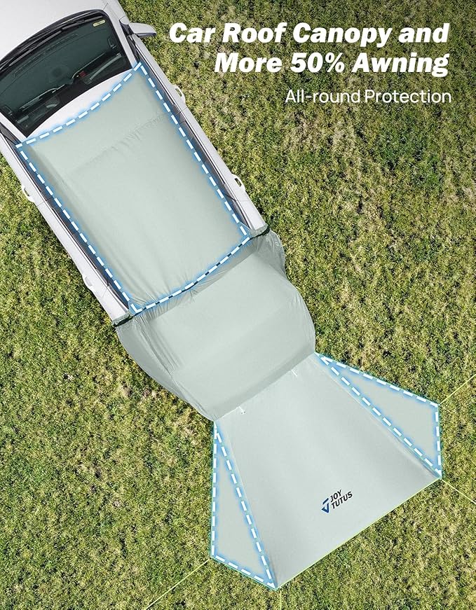JOYTUTUS SUV Tailgate Tent with Three Sides Awning and Poles, Water Resistant SUV Camping Tent with Car Roof Cover, Outdoor Travel Preferred, Universal Fit Most Car, Grey Green