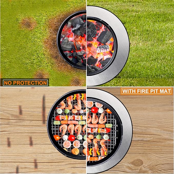 DocSafe 36" Round Fireproof Fire Pit Mat Grill Mat,Heat Insulated 4 Layers Indoor Fireplace Pad Protector for Patio,Deck,Grass,Lawn,Oil-Proof and Reusable and Waterproof,Easy to Clean,Black&Silver
