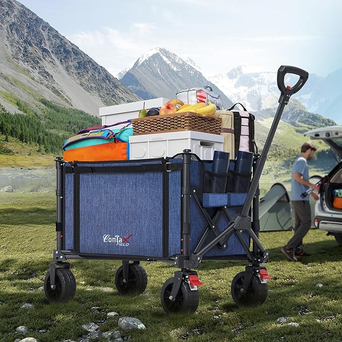 Collapsible Wagon Cart Foldable with Big Wheels Brakes, 250lbs Folding Utility Lightweight Garden Wagon, Portable Grocery Cart for Camping Shopping Sports Pets, Blue