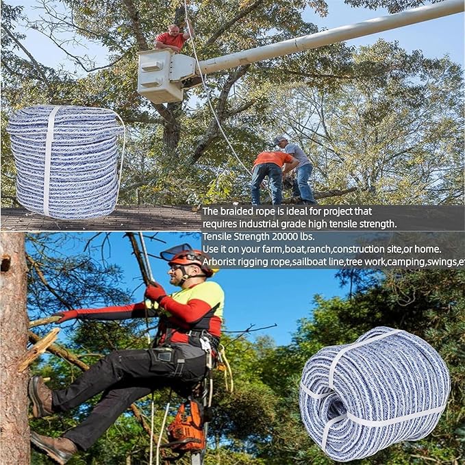 3/4 Inch x 200 Feet Double Braid Polyester Rope 20000Lbs Breaking Strength Strong Pulling Rope for Tree Work Camping Swings(Blue White)